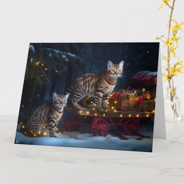 Bengal Cat Snowy Sleigh Ride Christmas Decor  Card (Yellow Flower)