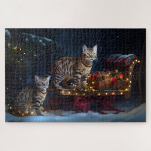 Bengal Cat Snowy Sleigh Ride Christmas Decor  Jigsaw Puzzle