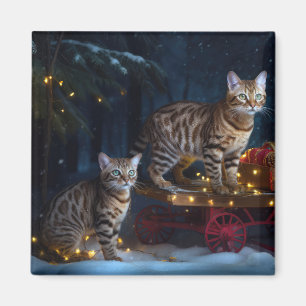 Bengal Cat Snowy Sleigh Ride Christmas Decor Magnet
