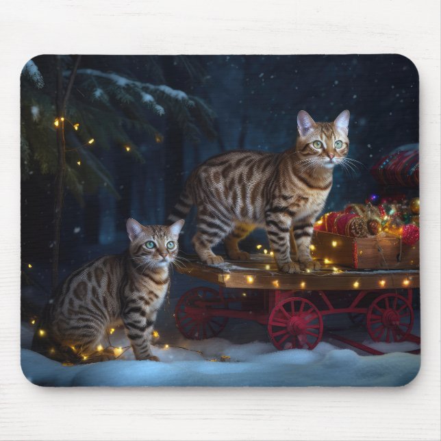 Bengal Cat Snowy Sleigh Ride Christmas Decor  Mouse Pad (Front)