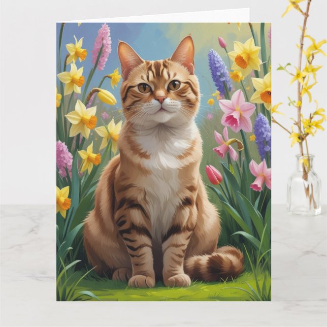Bengal Cat Spring Flowers Painting Card (Yellow Flower)