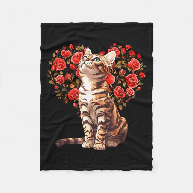 Bengal Cat Valentines Day Floral Heart Design For  Fleece Blanket (Front)