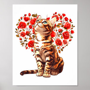Bengal Cat Valentines Day Floral Heart Design For  Poster