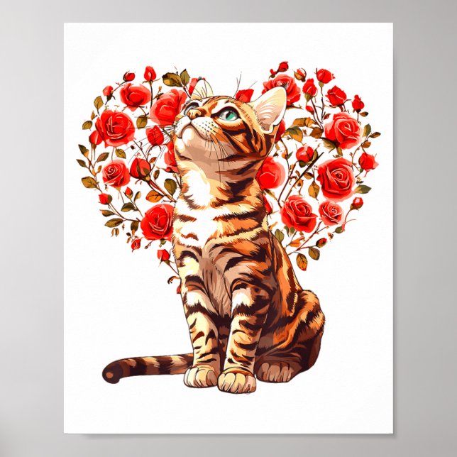 Bengal Cat Valentines Day Floral Heart Design For  Poster (Front)