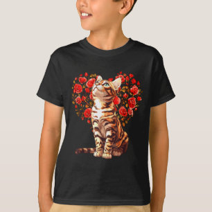 Bengal Cat Valentines Day Floral Heart Design For  T-Shirt