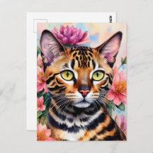 Bengal Cat Watercolor Floral Art