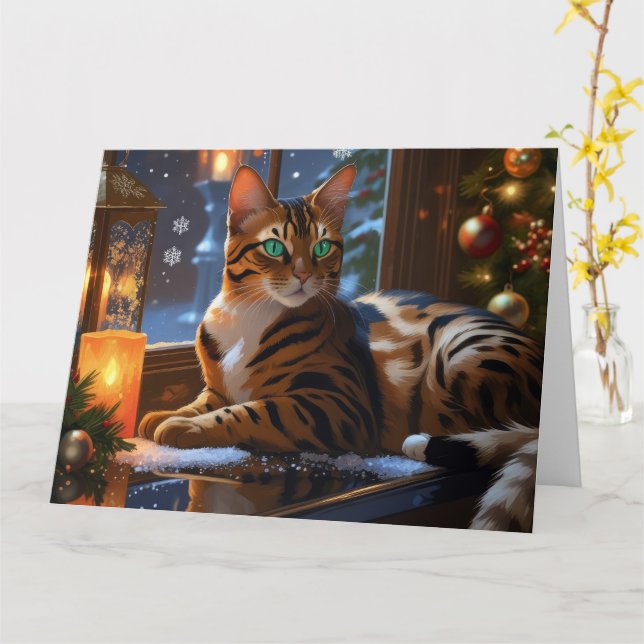 Bengal Cat With Christmas Lights Holiday Card (Yellow Flower)