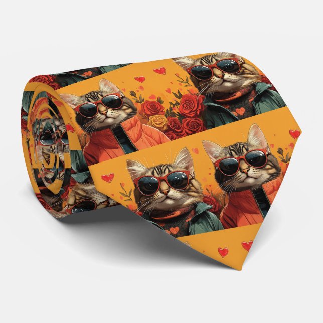 Bengal Cat With Heart Roses Valentine's Day Tie (Rolled)