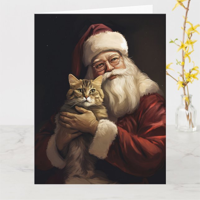 Bengal Cat with Santa Claus Festive Christmas Card (Yellow Flower)