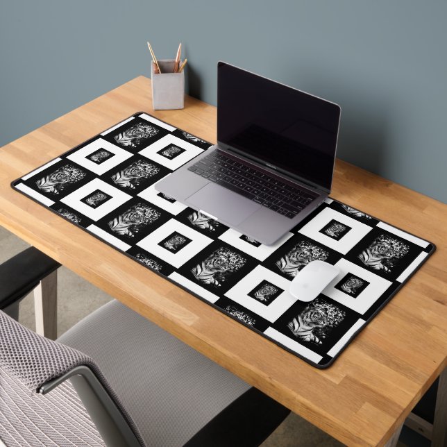 Bengal Tiger Black and White Chequerboard Pattern Desk Mat (Office 2)