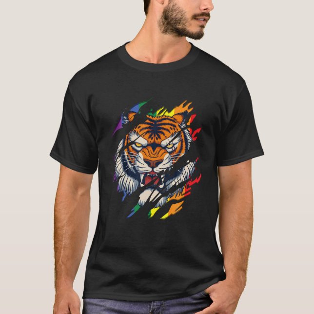 Bengal Tiger LGBT Gay Pride Tiger Scratch Tear T-Shirt (Front)
