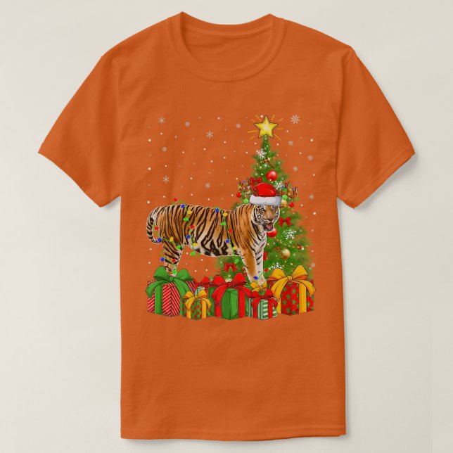 Bengal Tiger Lighting Xmas Tree Santa Bengal Tiger T-Shirt (Design Front)