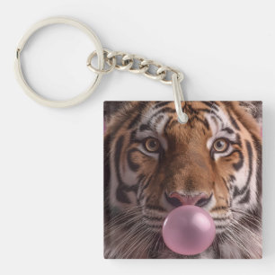 Bengal Tiger Portrait Blowing Pink Bubblegum Key Ring