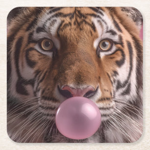 Bengal Tiger Portrait Blowing Pink Bubblegum Square Paper Coaster