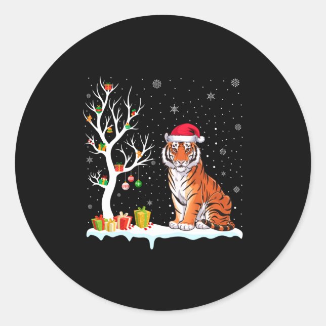 Bengal Tiger Santa Hat Festive Tree Light Christma Classic Round Sticker (Front)
