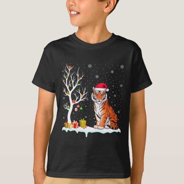 Bengal Tiger Santa Hat Festive Tree Light Christma T-Shirt (Front)