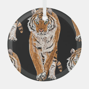Bengal Tiger Sketch: Vintage Animal Print Glass Tree Decoration