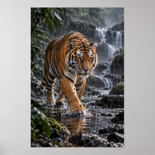 Bengal Tiger Walking Through Rainforest Water Wild Poster