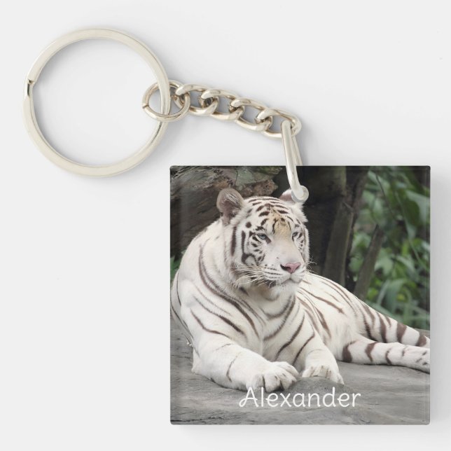 Bengal White Tiger Lying On The Rock Key Ring (Front)