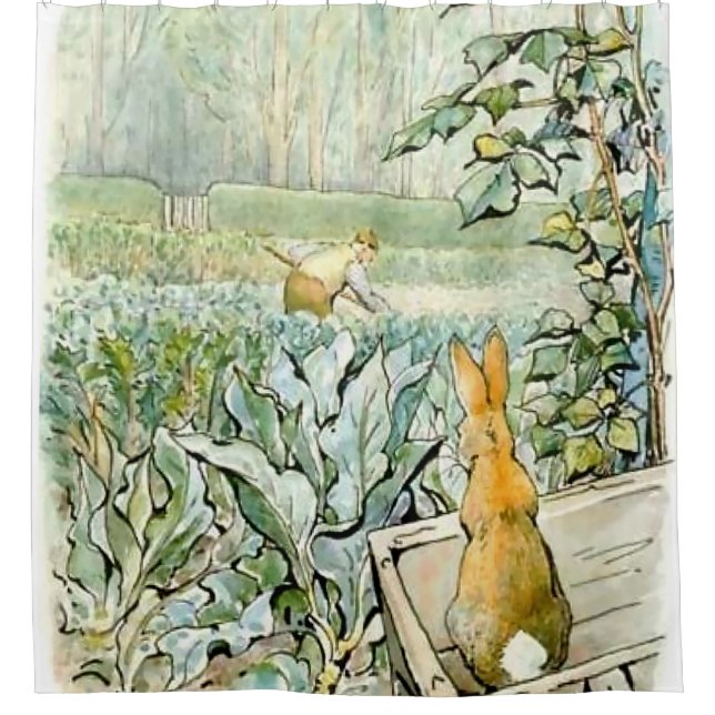 “Benjamin Bunny Watches Farmer Brown” by Beatrix P Shower Curtain (Front)