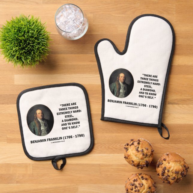 Benjamin Franklin Three Things Extremely Hard Oven Mitt & Pot Holder Set (Top Down)