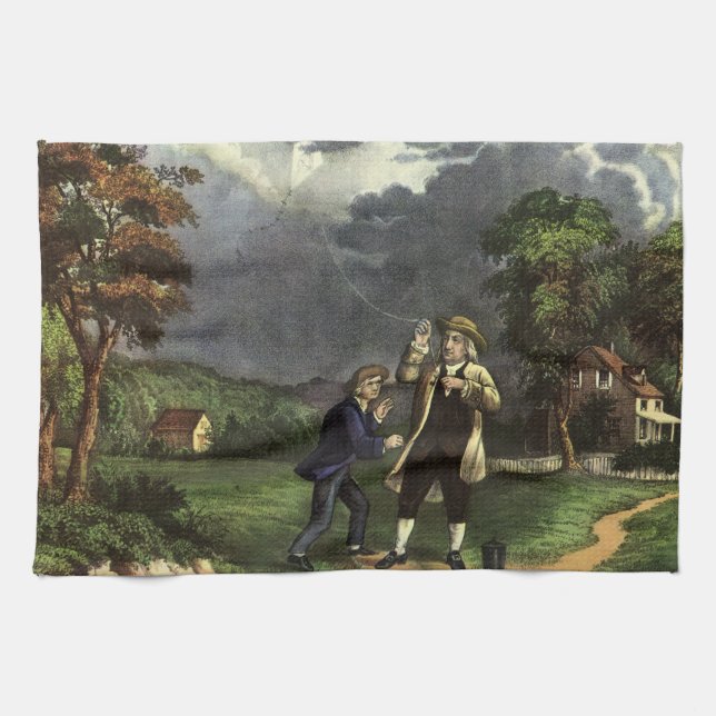 Benjamin Franklin's Lightning with Kite Experiment Tea Towel (Horizontal)