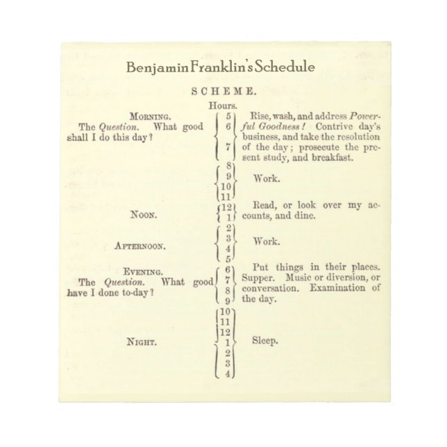 Benjamin Franklin's Schedule Planner notepad (Front)