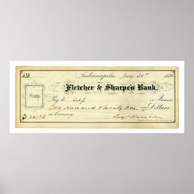 Benjamin Harrison Signed Check from July 30th 1875 Poster (Front)