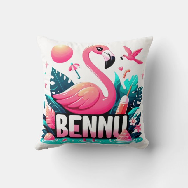 BENNU Pink Flamengo in a Garden Throw Pillow (Back)