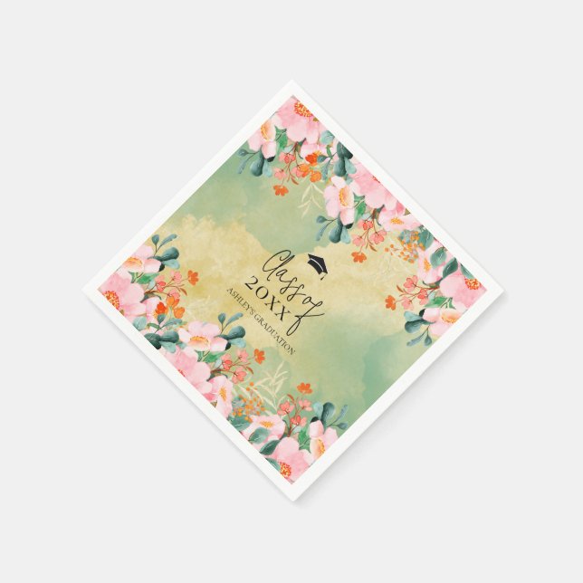 Beown pink watercolor floral botanical graduation napkin (Corner)