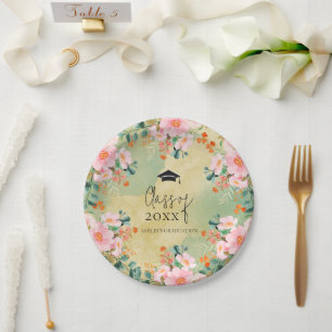 Beown pink watercolor floral botanical graduation paper plate