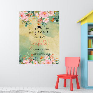 Beown pink watercolor floral botanical graduation poster