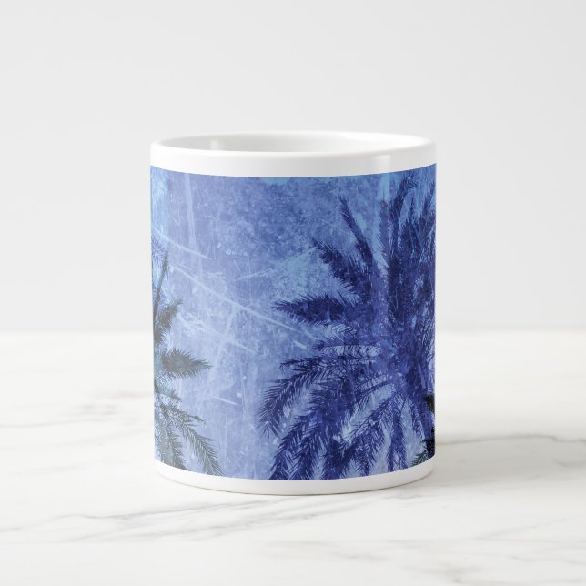 Bercelona Blue Palm tree Grunge Digital Art Design Large Coffee Mug (Front)