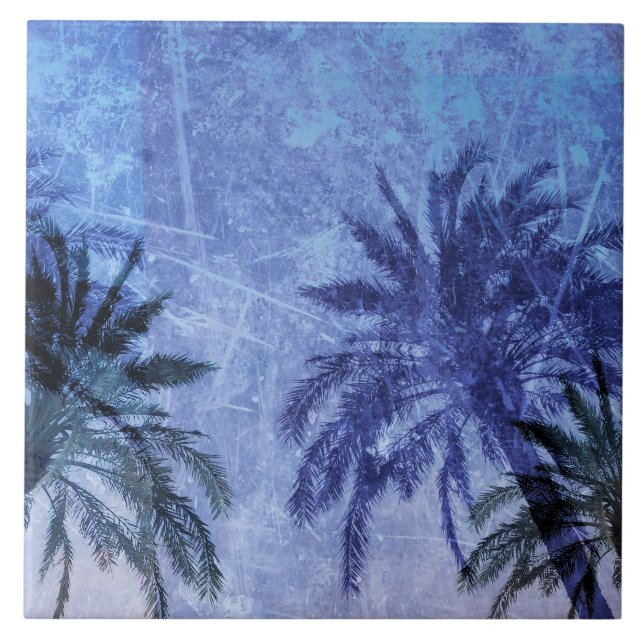 Bercelona Blue Palm tree Grunge Digital Art Design Tile (Front)