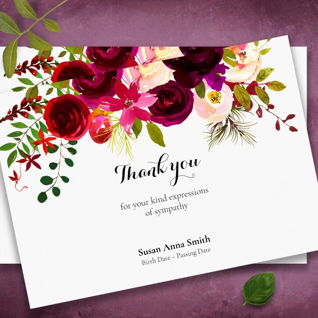 Bereavement Memorial Floral Funeral Thank You Card (Watercolor floral memorial funeral thank you card, celebration of life)