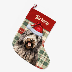 Bergamasco Holiday Plaid with Dog's Name Large Christmas Stocking