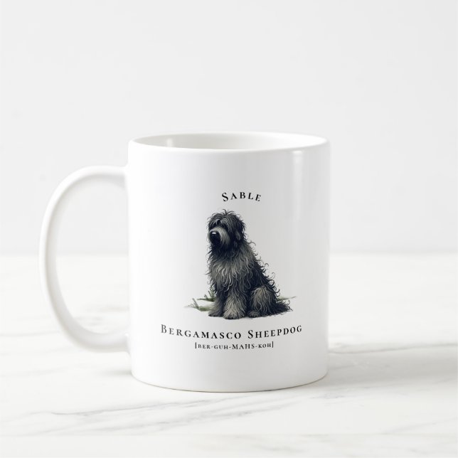 Bergamasco Sheepdog Watercolor Dog | Monogram Coffee Mug (Left)