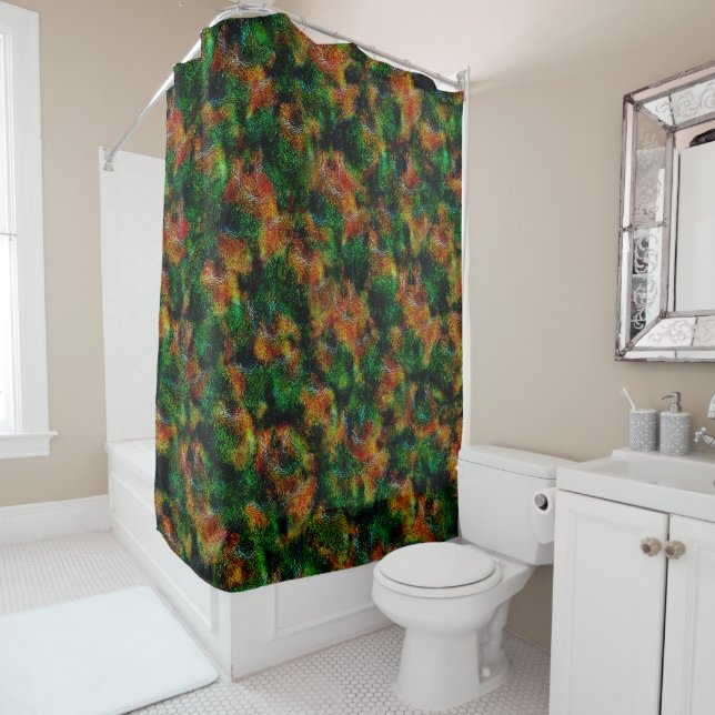 Bergamot skin texture in green and strong orange   shower curtain (In Situ)