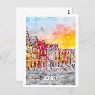 Bergen Hordaland Norway Travel Place Watercolor Postcard