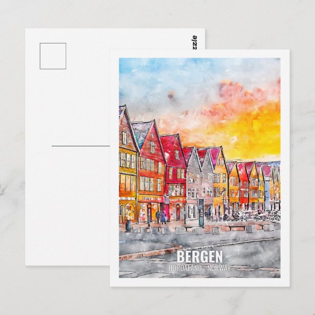 Bergen Hordaland Norway Travel Place Watercolor Postcard (Front/Back)