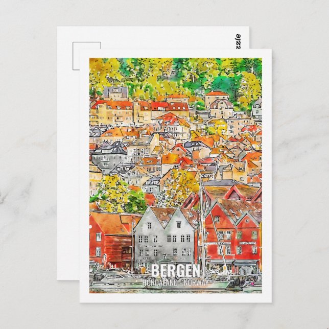Bergen Hordaland Norway Travel Place Watercolor Postcard (Front/Back)