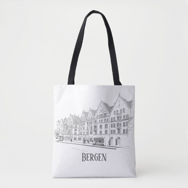 Bergen Norway Beautiful Streetscape Line Drawing Tote Bag (Front)
