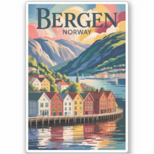 Bergen Norway Illustration Travel Art Vintage