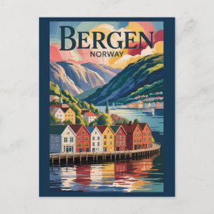 Bergen Norway Illustration Travel Art Vintage Postcard