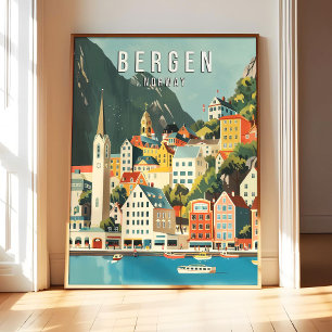 Bergen Norway Poster Art Print, City Retro Vintage