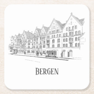 Bergen Norway Streetscape Beautiful Line Drawing  Square Paper Coaster