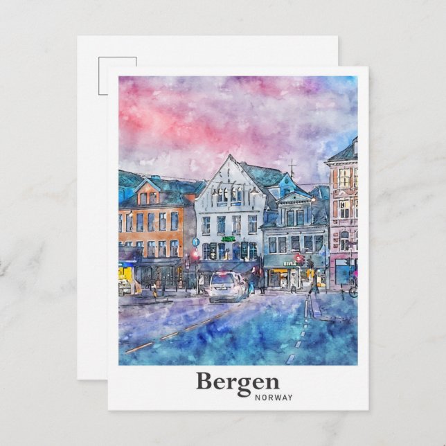 Bergen Norway Travel Watercolor Sketch Hand Drawn  Postcard (Front/Back)