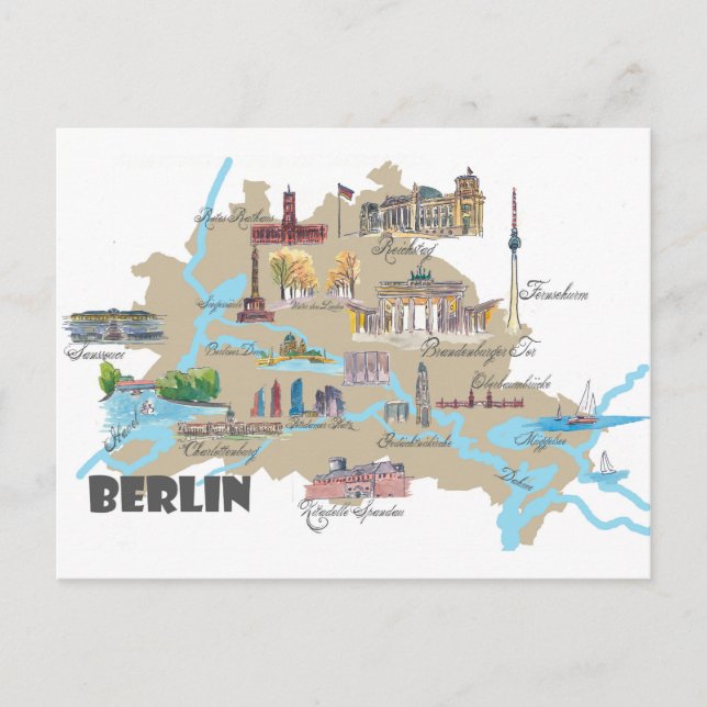 Berlin Favourite Map with sightseeing Highlights Postcard (Front)
