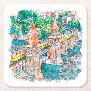 Berlin Germany Hand Drawn Watercolor Sketch Square Paper Coaster