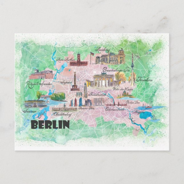 Berlin Germany Illustrated Map with Main Roads  Postcard (Front)